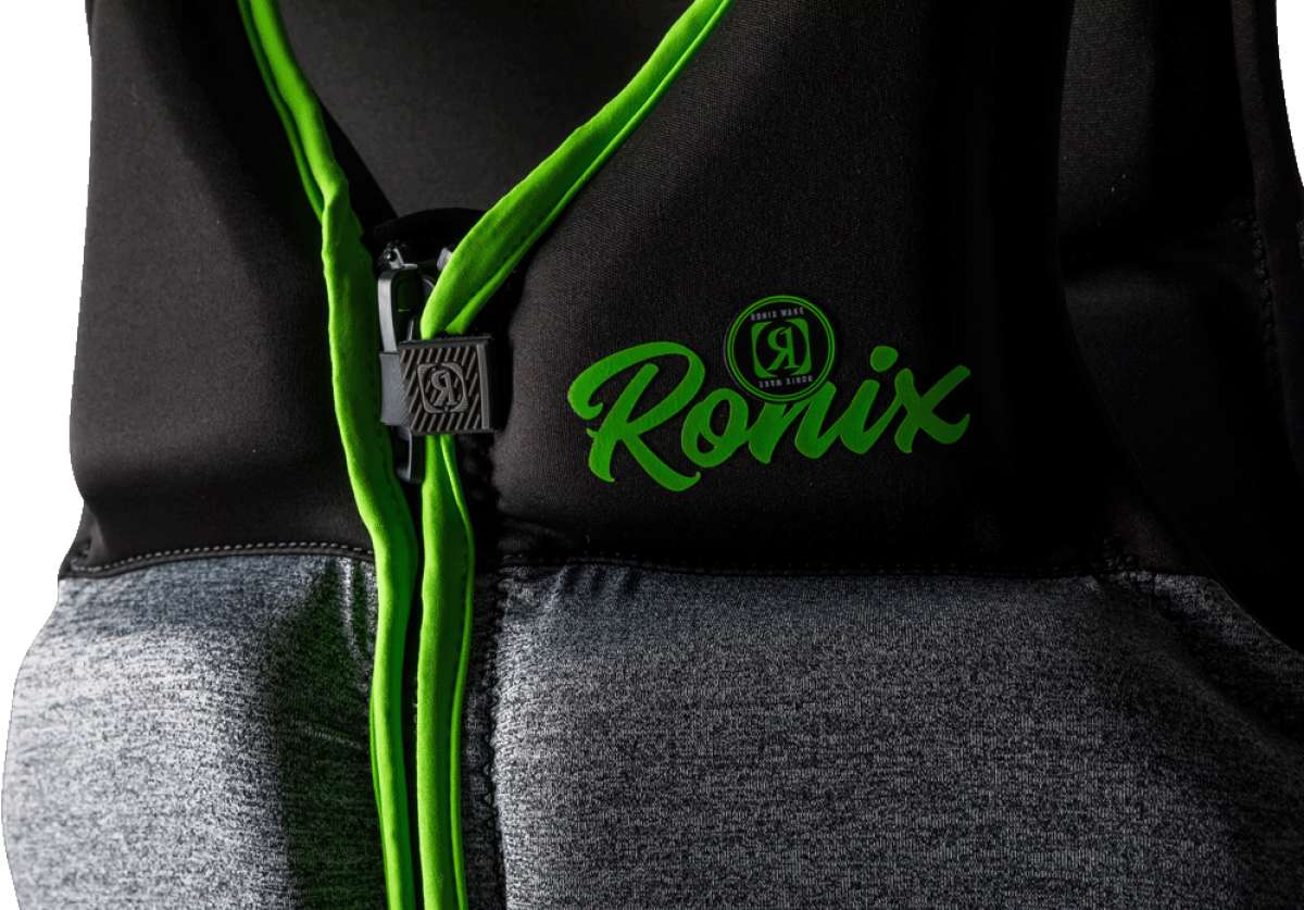 Ronix Teen's Driver's Ed Capella 3.0 CGA Wake Vest 2022 - Black vest with lime green zipper and logo.