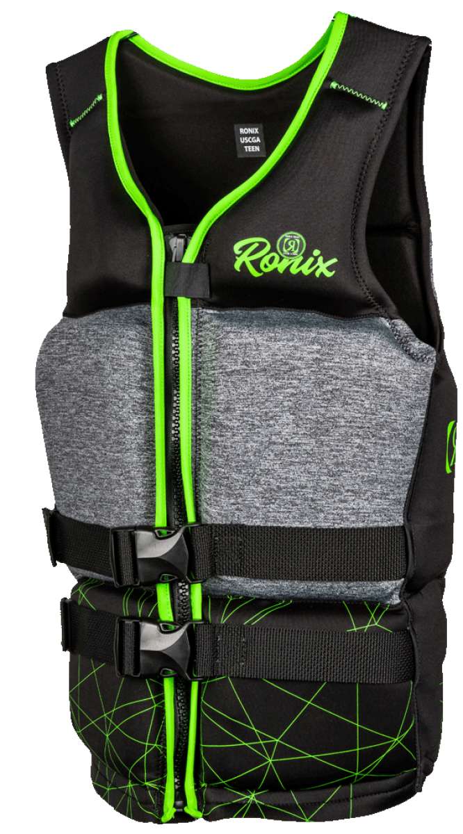 Ronix Teen's Driver's Ed Capella 3.0 CGA Wake Vest 2022 - Black vest with lime green trim and stitching, featuring a geometric pattern on the front.
