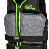 Ronix Teen's Driver's Ed Capella 3.0 CGA Wake Vest 2022 - Black vest with lime green trim and stitching, featuring a geometric pattern on the front.