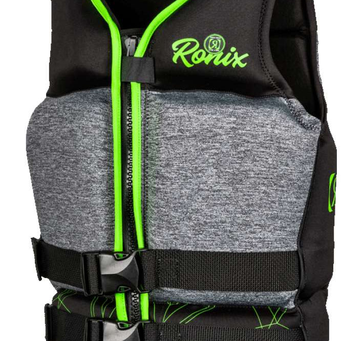 Ronix Teen's Driver's Ed Capella 3.0 CGA Wake Vest 2022 - Black vest with lime green trim and stitching, featuring a geometric pattern on the front.