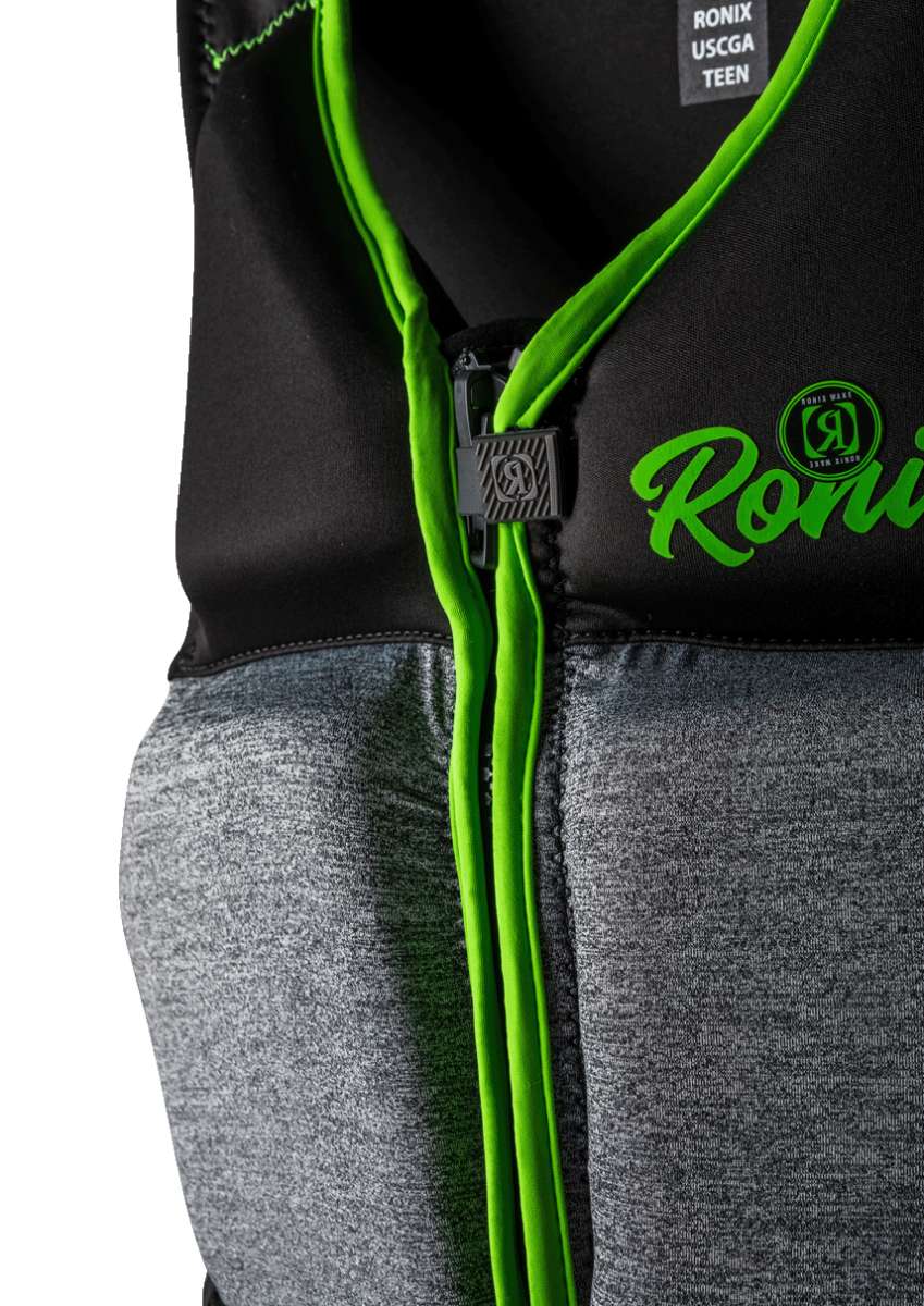 Ronix Teen's Driver's Ed Capella 3.0 CGA Wake Vest 2022 - Black vest with neon green stitching and zipper.