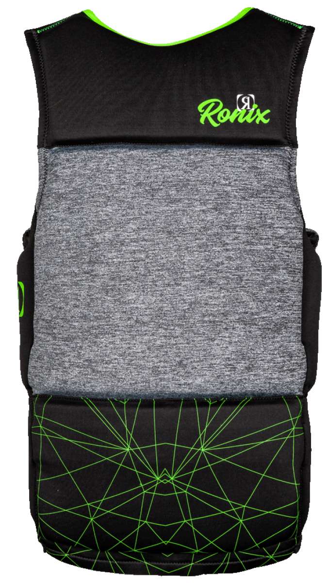 Ronix Teen's Driver's Ed Capella 3.0 CGA Wake Vest 2022 - A black and grey vest with neon green accents, featuring a geometric pattern on the lower portion.