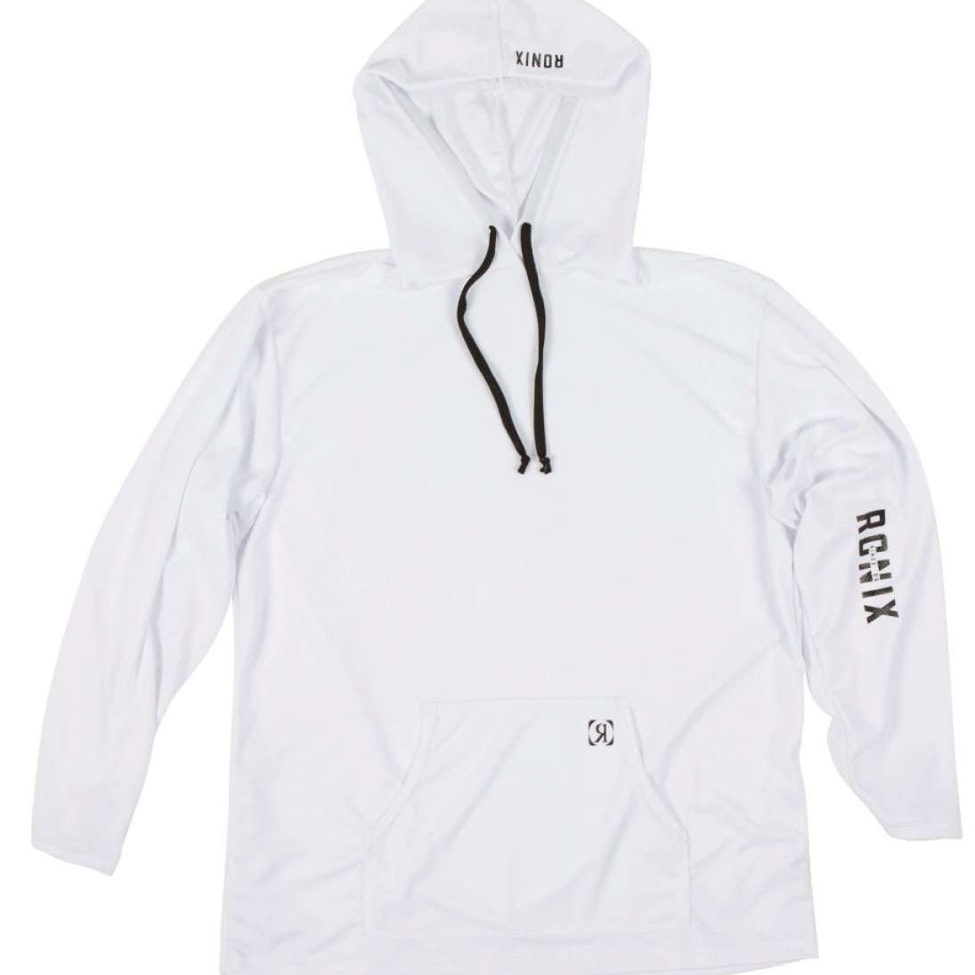 Ronix UV Shade Hoodie 2022 - A white hoodie with a hood and drawstrings, featuring black lettering on the front that reads "RONIX".
