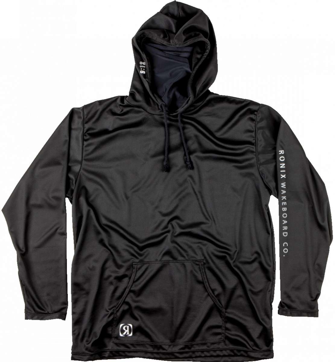 Ronix UV Shade Hoodie 2023 - A black hoodie with a hood and drawstrings, featuring white lettering on the left sleeve that reads "RONIX" in bold font.
