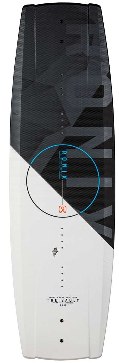 Ronix Vault Wakeboard 2022 - A black wakeboard with a geometric pattern and blue accents.