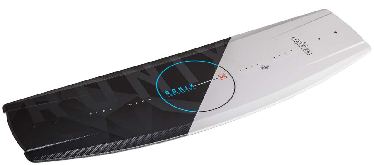 Ronix Vault Wakeboard 2022 - Black wakeboard with white accents and a geometric pattern on top.