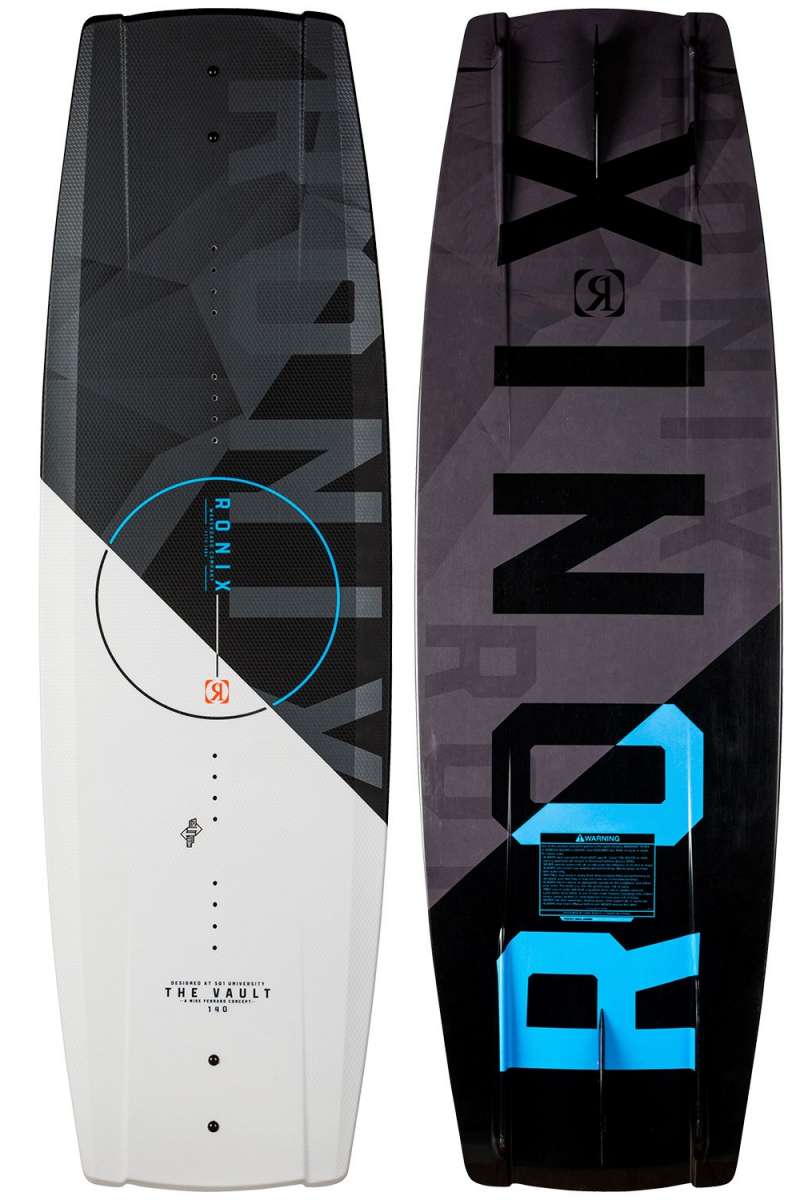 Ronix Vault Wakeboard 2022 - A black wakeboard with a geometric pattern and blue accents.
