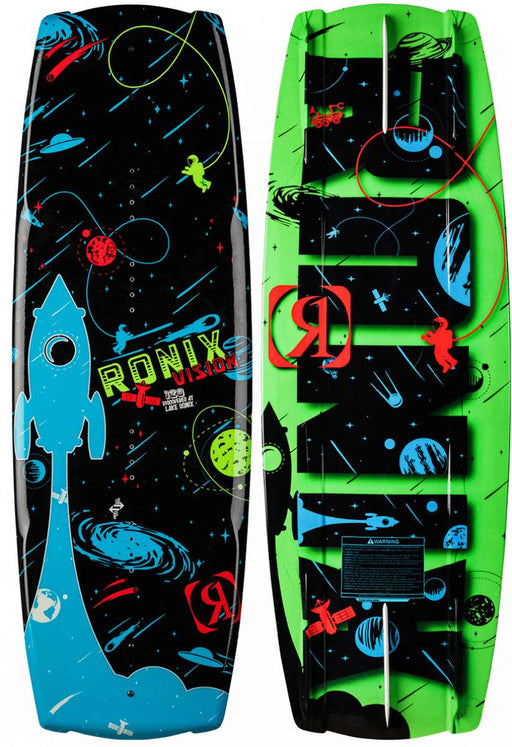 Ronix Vision Package Wakeboard With Vision Bindings 2023 - A black wakeboard with a blue rocket ship design and neon green accents.