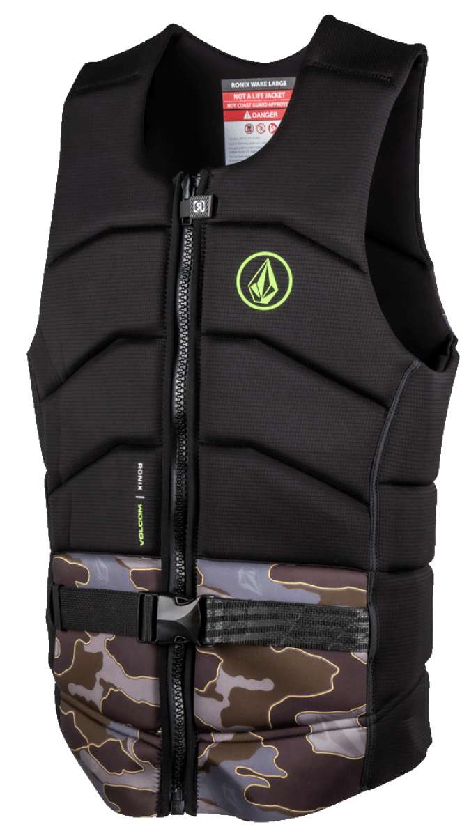 Ronix Volcom Impact Wake Vest 2022 - A black life vest with a neon green logo on the chest and a camouflage pattern at the bottom.