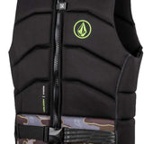 Ronix Volcom Impact Wake Vest 2022 - A black life vest with a neon green logo on the chest and a camouflage pattern at the bottom.