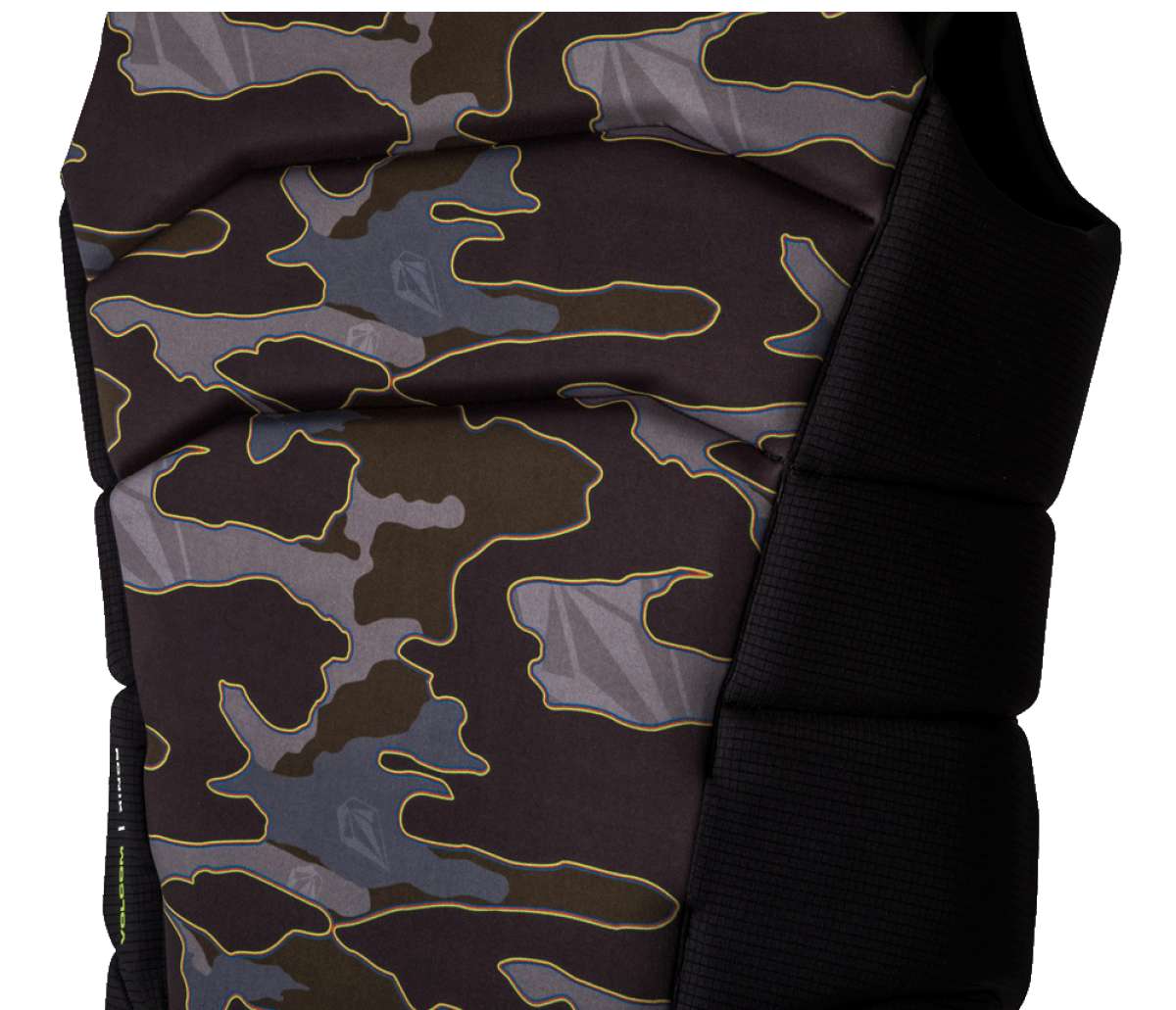 Ronix Volcom Impact Wake Vest 2022 - A black vest with a white and blue pattern of abstract shapes.