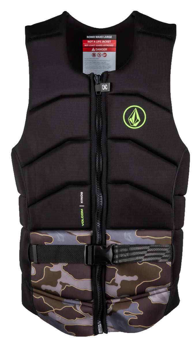 Ronix Volcom Impact Wake Vest 2022 - A black vest with a neon green logo on the upper right side and "Volcom" written in white letters along the bottom edge.