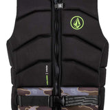 Ronix Volcom Impact Wake Vest 2022 - A black vest with a neon green logo on the upper right side and "Volcom" written in white letters along the bottom edge.