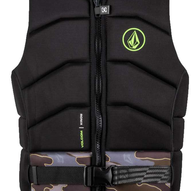 Ronix Volcom Impact Wake Vest 2022 - A black vest with a neon green logo on the upper right side and "Volcom" written in white letters along the bottom edge.