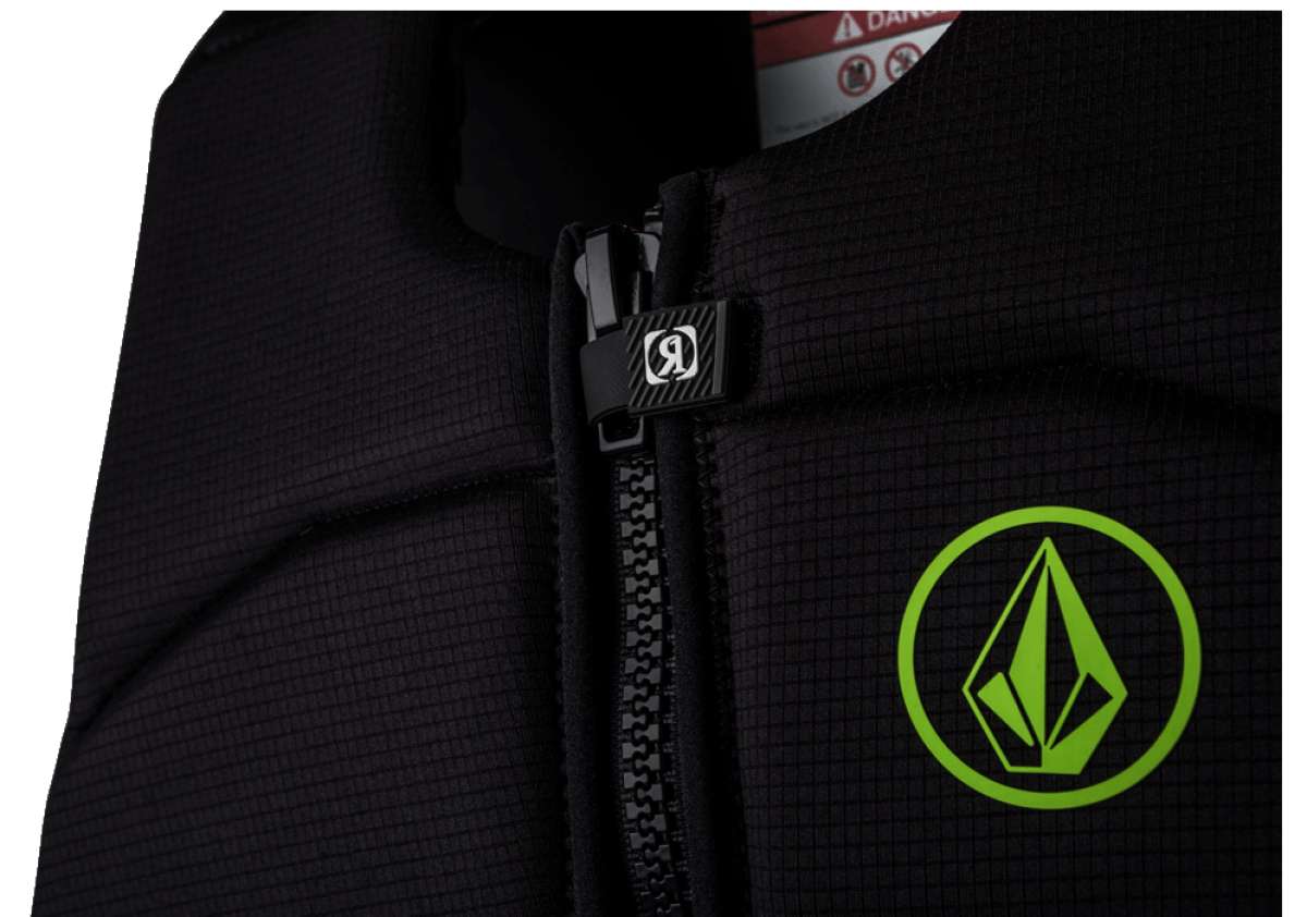 Ronix Volcom Impact Wake Vest 2022 - A black vest with a white logo on the chest and red accents around the zipper.