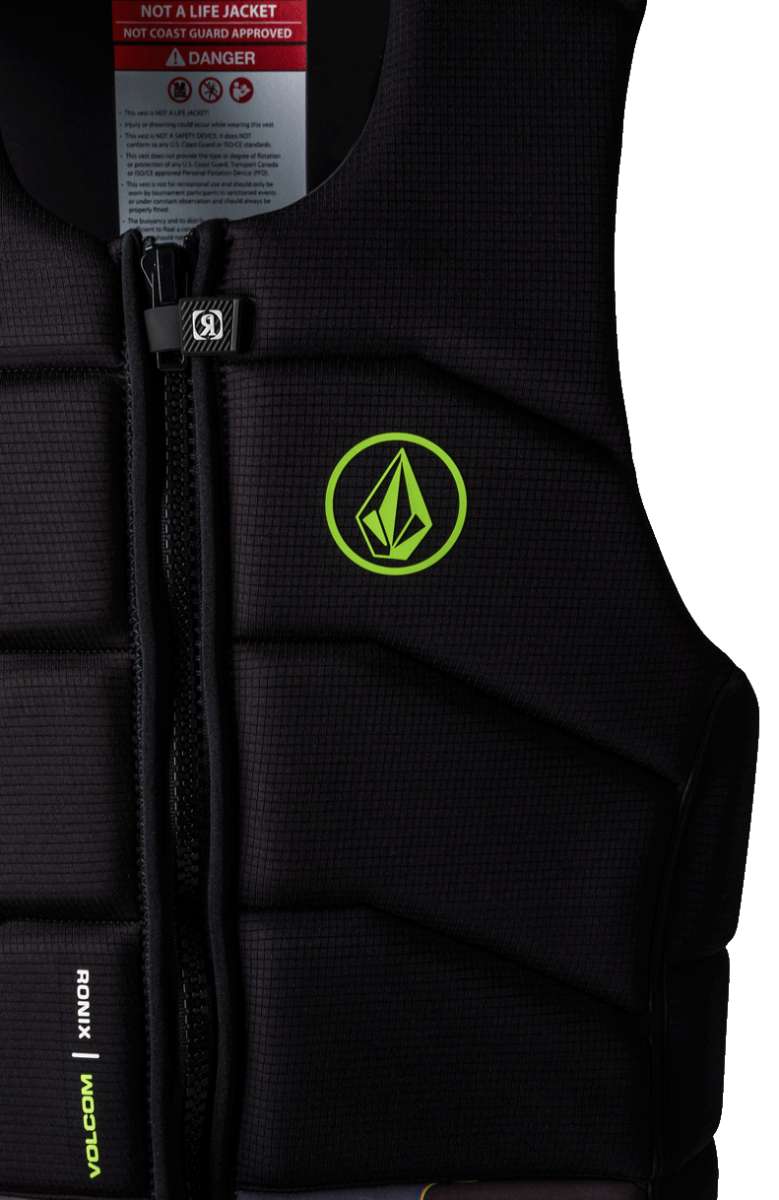 Ronix Volcom Impact Wake Vest 2022 - A black life vest with a neon green logo on the chest and white lettering that reads "Volcom" along the side.
