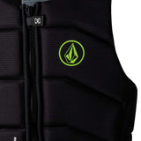 Ronix Volcom Impact Wake Vest 2022 - A black life vest with a neon green logo on the chest and white lettering that reads "Volcom" along the side.