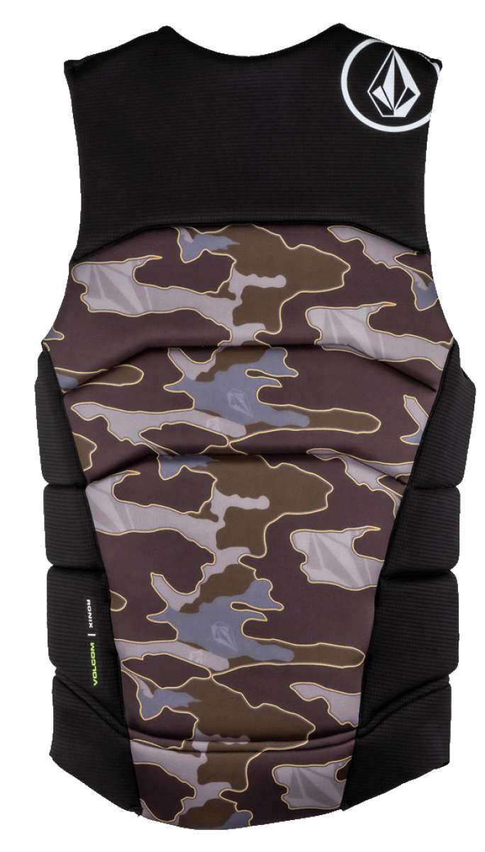 Ronix Volcom Impact Wake Vest 2022 - A black vest with a white logo on the upper right side, featuring a camouflage pattern in shades of brown and gray.