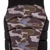 Ronix Volcom Impact Wake Vest 2022 - A black vest with a white logo on the upper right side, featuring a camouflage pattern in shades of brown and gray.