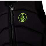 Ronix Volcom Impact Wake Vest 2022 - A black vest with a neon green logo featuring a stylized "V" and a white outline of a wakeboarder in action.