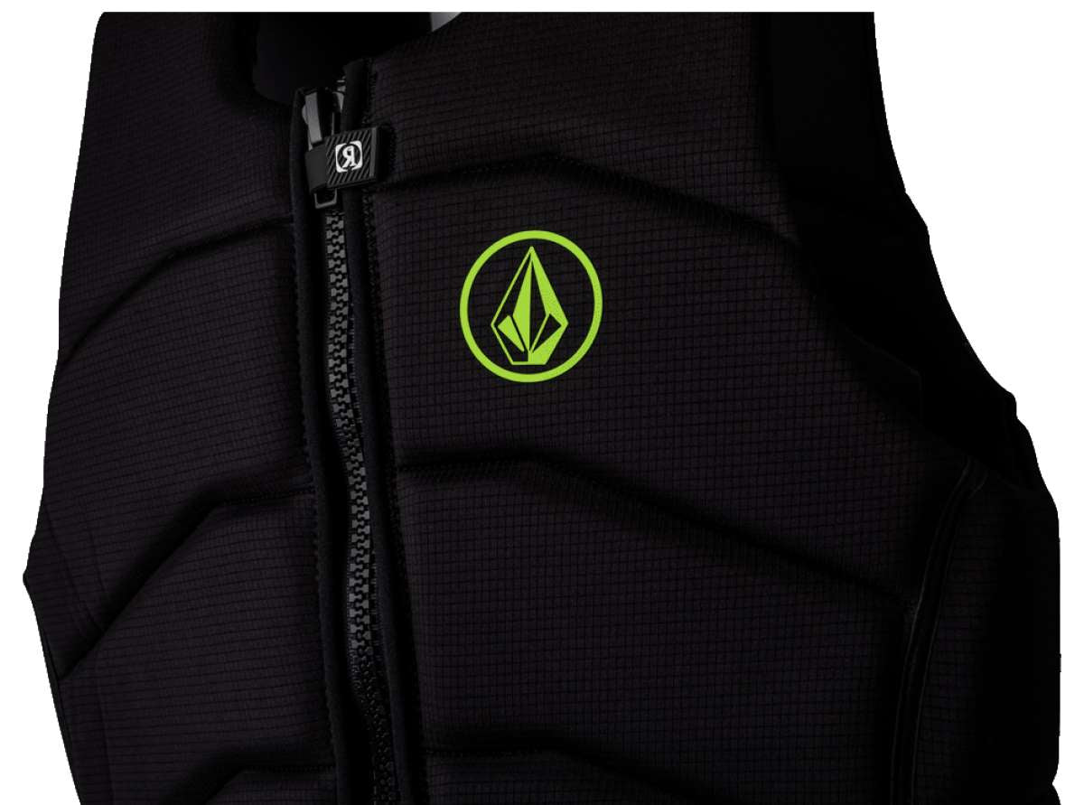 Ronix Volcom Impact Wake Vest 2022 - A black vest with a neon green logo featuring a stylized "V" and a white outline of a wakeboarder in action.