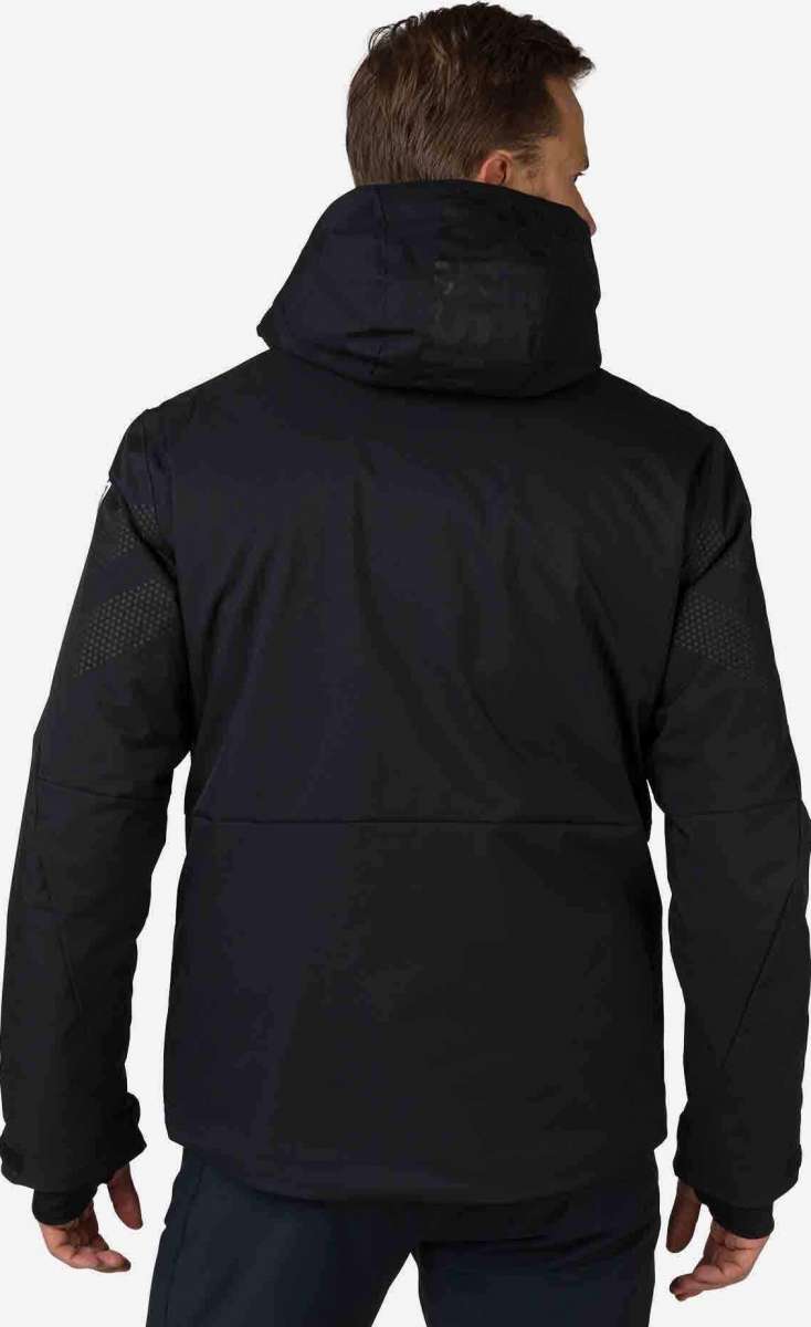 Rossignol All Speed Insulated Jacket 2022-2023 - A black jacket with a high collar and zippered pockets, featuring a subtle pattern on the sleeves.