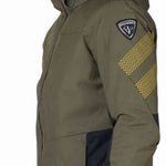 Rossignol All Speed Insulated Jacket 2022-2023 - A dark green jacket with a black logo patch on the left sleeve and diagonal yellow stripes on both sleeves.