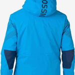 Rossignol All Speed Insulated Jacket 2022-2023 - A bright blue jacket with a hood, featuring black lettering on the back and a zippered pocket on the side.