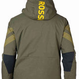 Rossignol All Speed Insulated Jacket 2022-2023 - A dark green jacket with a hood, featuring yellow lettering on the back and two zippered pockets on the front.