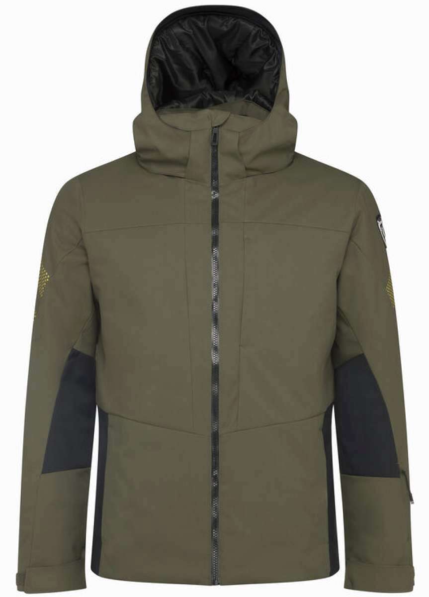 Rossignol All Speed Insulated Jacket 2022-2023 - A dark green jacket with a hood, featuring a zipper down the front and two zippered pockets on either side.