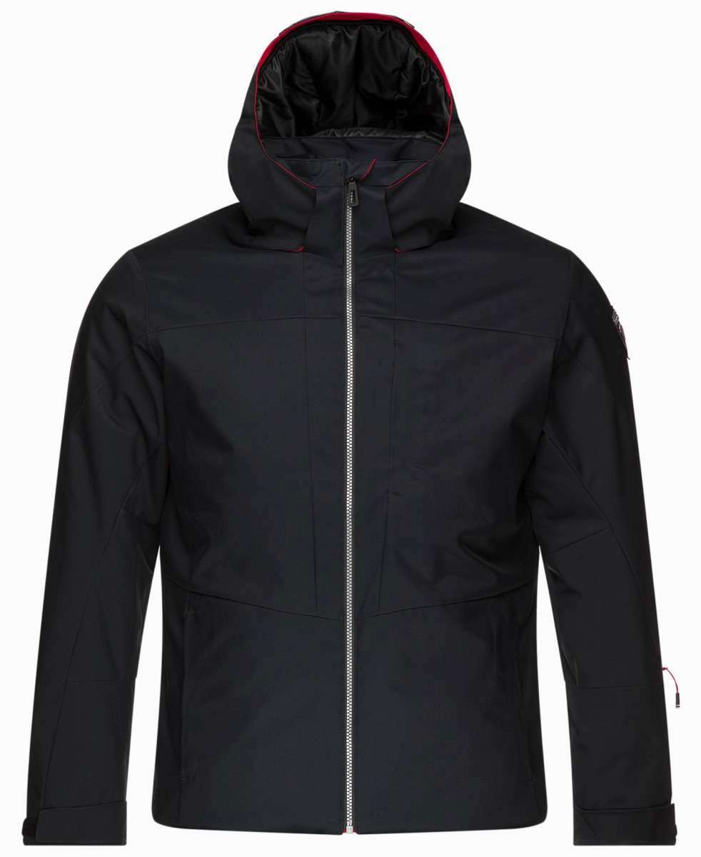 Rossignol All Speed Insulated Jacket 2022-2023 - A black jacket with a red zipper and trim, featuring a zippered chest pocket on the left side.