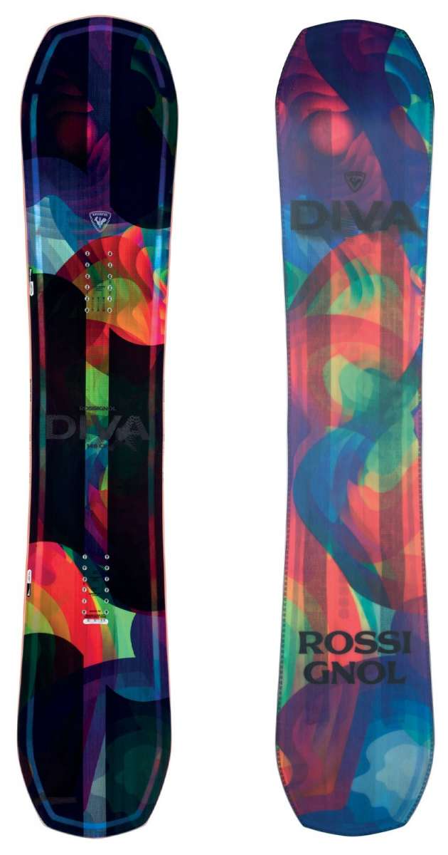 Rossignol Women's Diva Snowboard 2023 - A black snowboard with a colorful abstract design featuring red, green, blue and purple shapes.