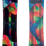 Rossignol Women's Diva Snowboard 2023 - A black snowboard with a colorful abstract design featuring red, green, blue and purple shapes.