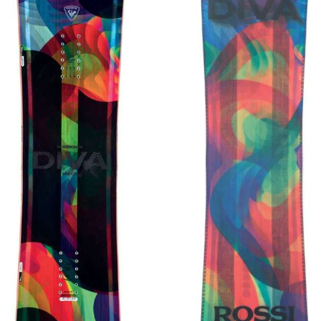 Rossignol Women's Diva Snowboard 2023 - A black snowboard with a colorful abstract design featuring red, green, blue and purple shapes.
