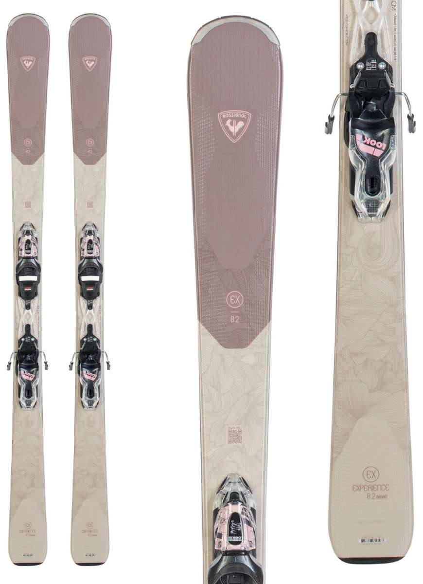 Rossignol Experience 82 Skis with X11 Bindings 2023 - A pair of skis with a light brown top and white bottom, featuring a distinctive pattern on the top sheet.
