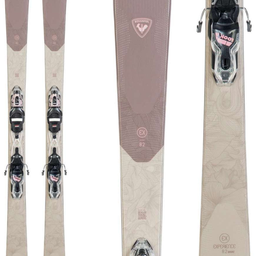 Rossignol Experience 82 Skis with X11 Bindings 2023 - A pair of skis with a light brown top and white bottom, featuring a distinctive pattern on the top sheet.