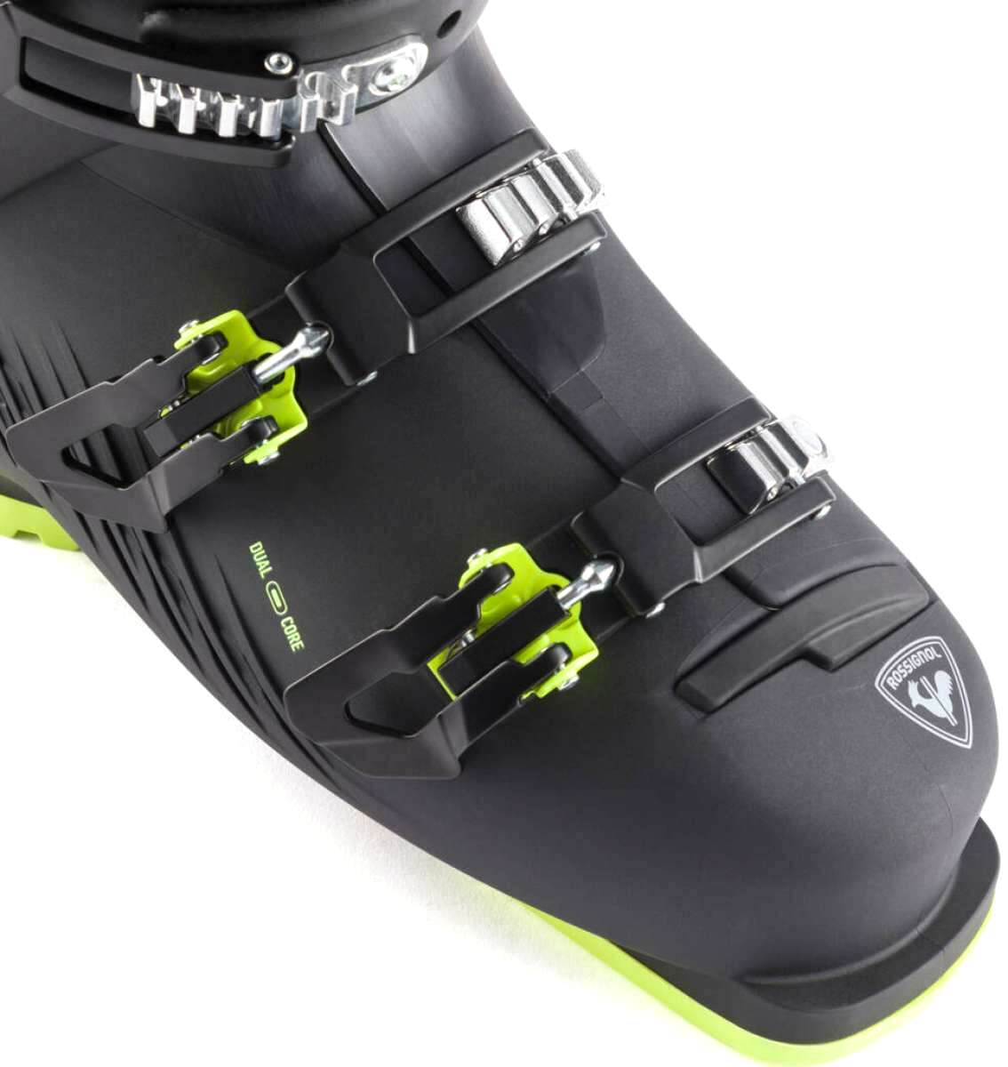 Rossignol Hi-Speed 100 HV Ski Boots 2024 - Black ski boots with silver buckles and lime green accents on the sides.