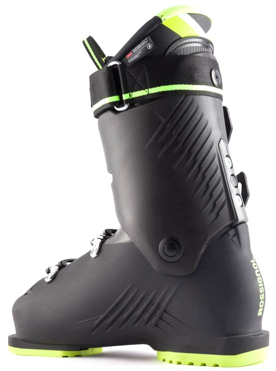 Rossignol Hi-Speed 100 HV Ski Boots 2024 - Black ski boots with silver buckles and a neon green stripe on top.