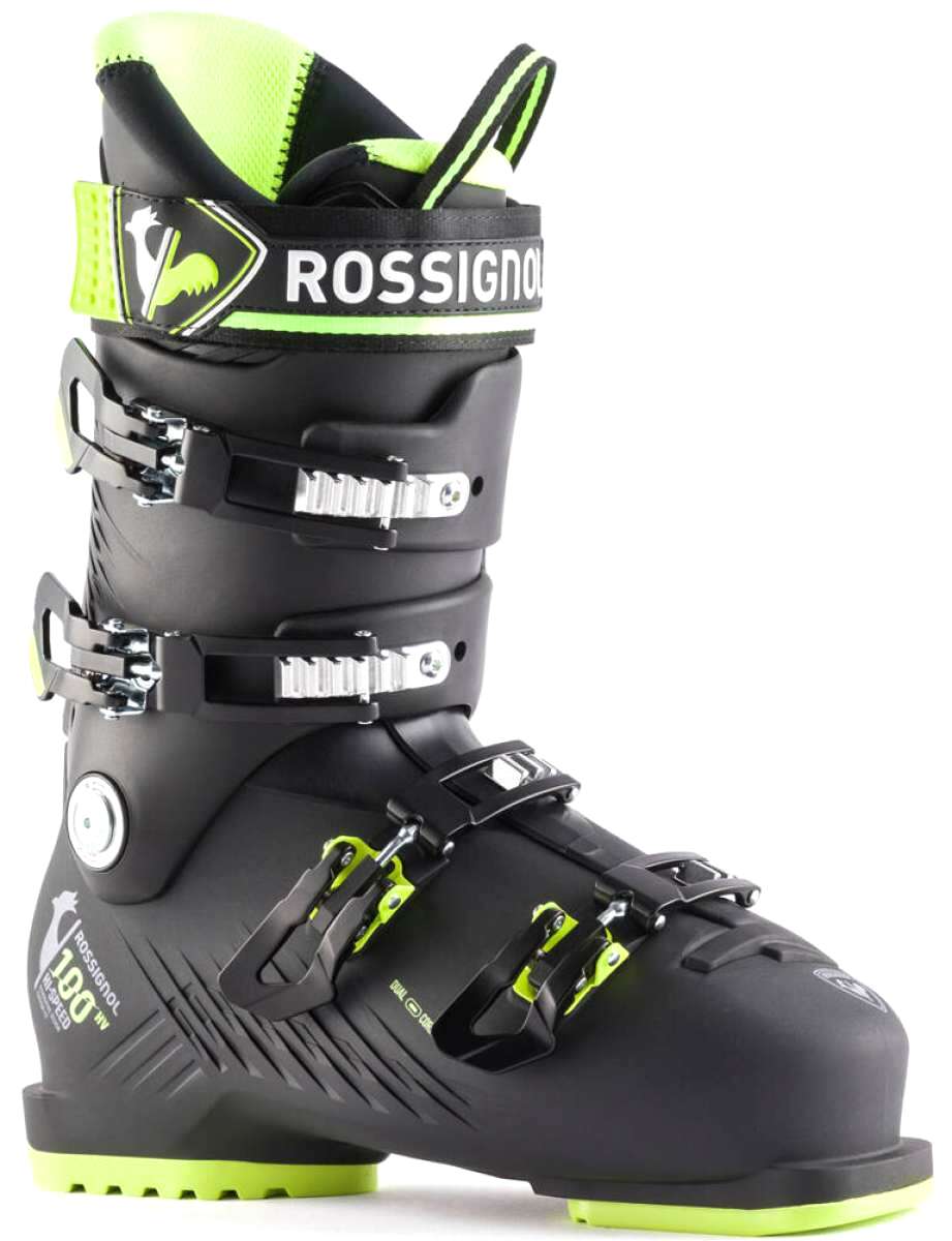 Rossignol Hi-Speed 100 HV Ski Boots 2024 - Black ski boots with white lettering and a silver buckle on the side.