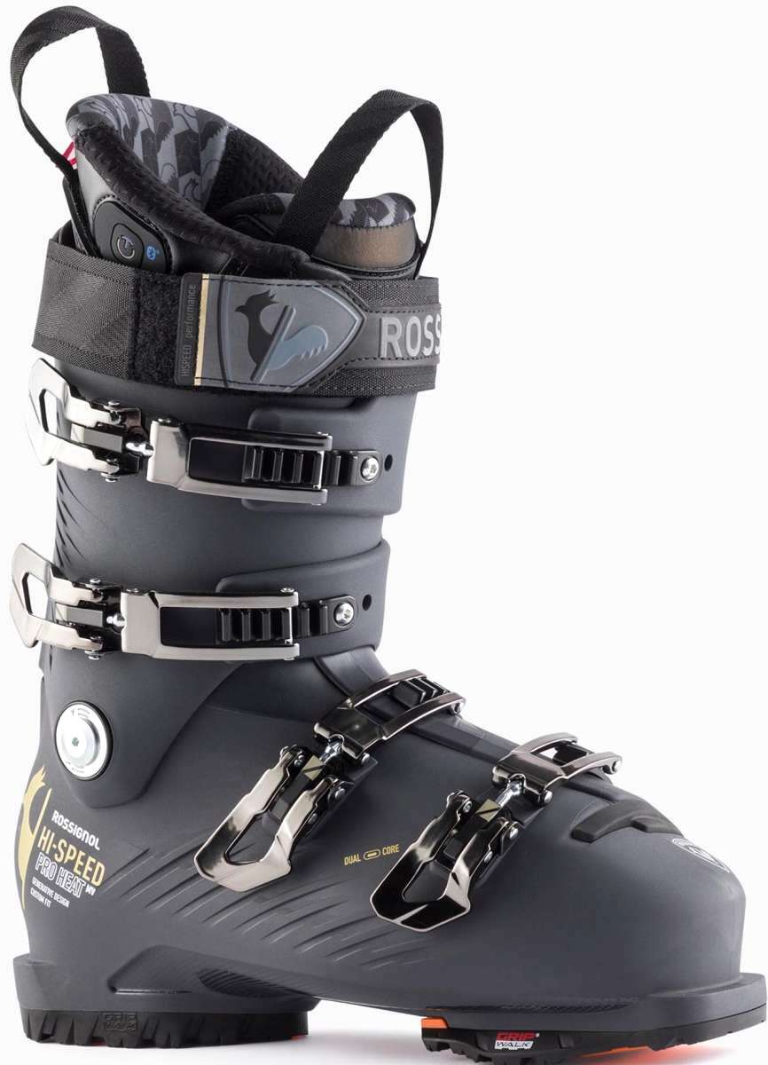 Rossignol Hi Speed Proheat 110 MV GW Ski Boot 2023 - Black ski boot with a gray patterned interior and silver buckles.