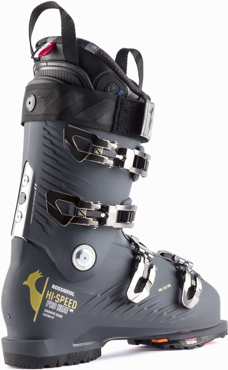 Rossignol Hi Speed Proheat 110 MV GW Ski Boot 2023 - Black ski boot with silver buckles and straps, featuring a textured pattern on the side.