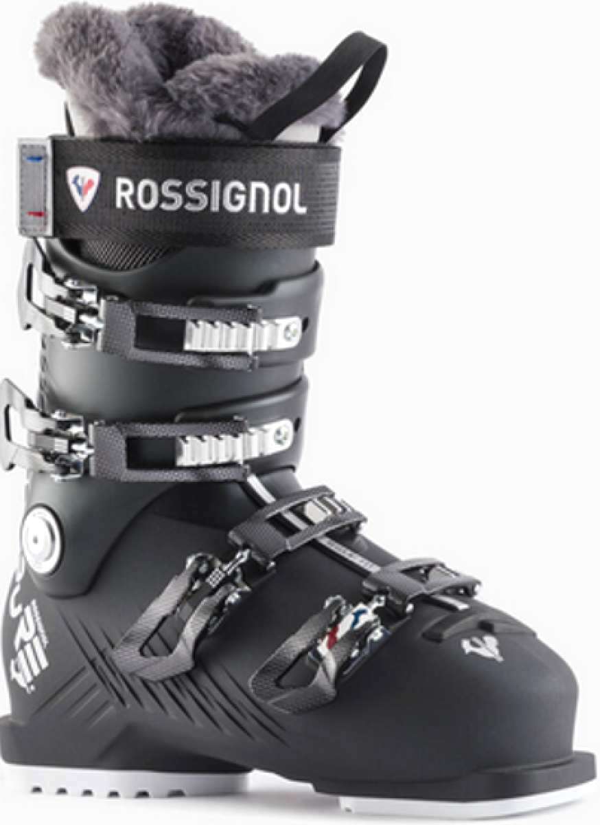 Rossignol Ladies Pure 70 Ski Boots 2024 - A black ski boot with a white logo on the side and a gray strap that says "ROSSIGNOL" in white letters.