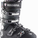 Rossignol Ladies Pure 70 Ski Boots 2024 - A black ski boot with a white logo on the side and a gray strap that says "ROSSIGNOL" in white letters.