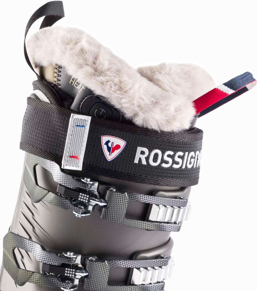 Rossignol Ladies Pure Heat GW Ski Boot 2022-2023 - A black ski boot with a white fur lining visible inside, and a red strap on the side.