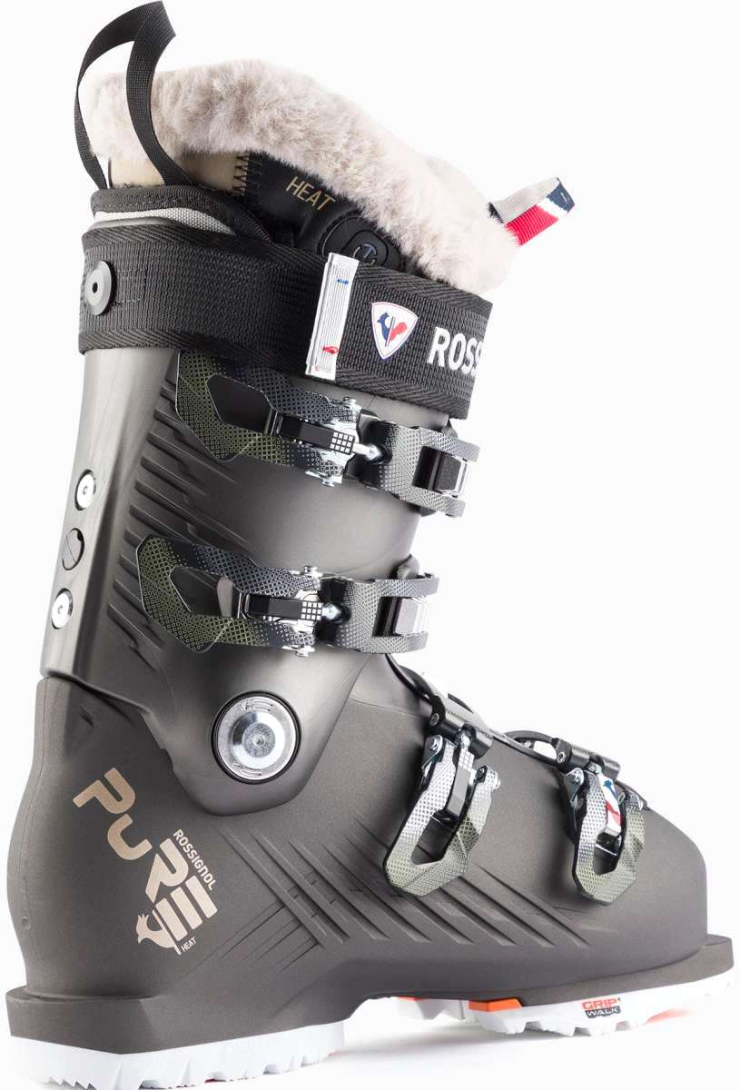 Rossignol Ladies Pure Heat GW Ski Boot 2022-2023 - A black ski boot with a white fur trim on top and a red, white, and blue logo on the side.