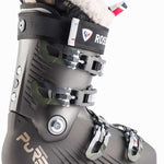 Rossignol Ladies Pure Heat GW Ski Boot 2022-2023 - A black ski boot with a white fur trim on top and a red, white, and blue logo on the side.
