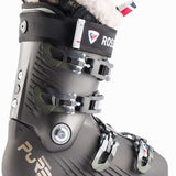 Rossignol Ladies Pure Heat GW Ski Boot 2022-2023 - A black ski boot with a white fur trim on top and a red, white, and blue logo on the side.