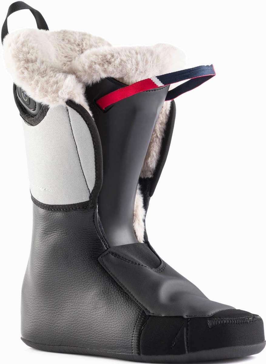Rossignol Ladies Pure Heat GW Ski Boot 2022-2023 - A black ski boot with a white fur trim and red stripe on the top.