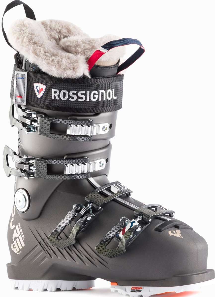 Rossignol Ladies Pure Heat GW Ski Boot 2022-2023 - A black ski boot with a white fur lining visible inside the top opening.