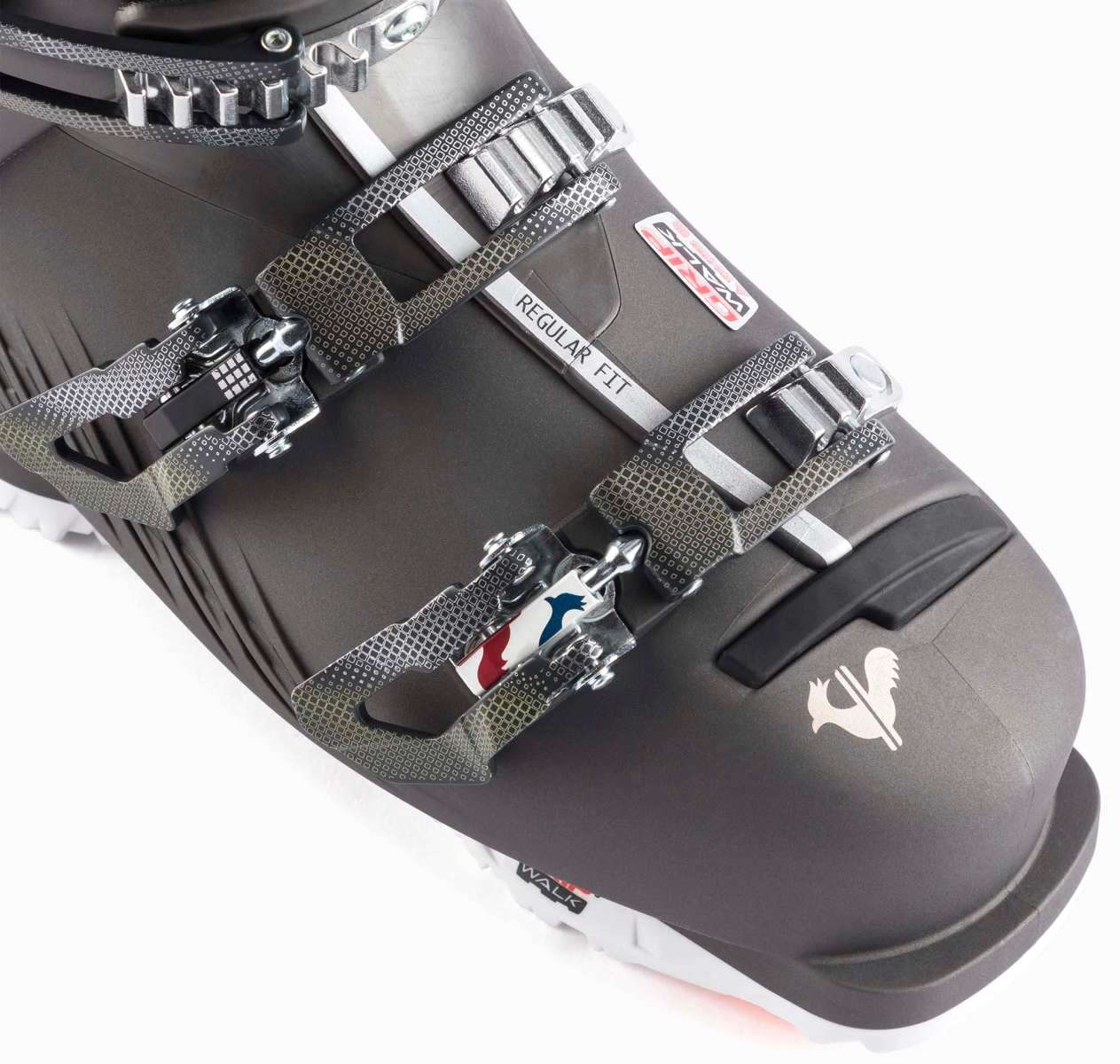 Rossignol Ladies Pure Heat GW Ski Boot 2022-2023 - A black ski boot with a white logo on the side and silver buckles.